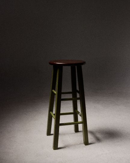 A single wooden barstool centered against a dark background.